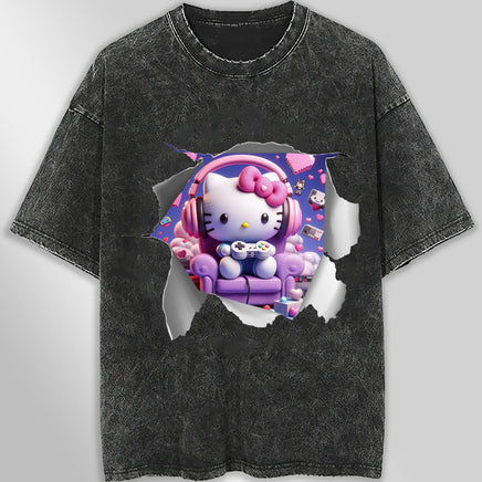 Hello kitty tee shirt - Hello kitty gamer cute funny graphic tees - Unisex wide sleeve style Dark Gray