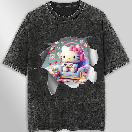 Hello kitty tee shirt - Hello kitty gamer cute funny graphic tees - Unisex wide sleeve style - Lusy Store LLC