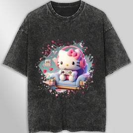 Hello kitty tee shirt - Hello kitty gamer cute graphic tees - Unisex wide sleeve style Dark Gray