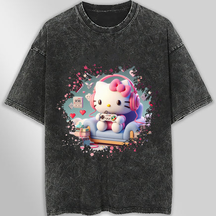 Hello kitty tee shirt - Hello kitty gamer cute graphic tees - Unisex wide sleeve style Dark Gray