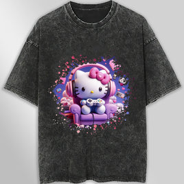 Hello kitty tee shirt - Hello kitty gamer cute graphic tees - Unisex wide sleeve style Dark Gray