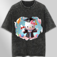 Hello kitty tee shirt - Hello kitty graduation cute funny graphic tees - Unisex wide sleeve style Dark Gray