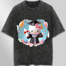 Hello kitty tee shirt - Hello kitty graduation cute funny graphic tees - Unisex wide sleeve style Dark Gray