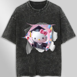 Hello kitty tee shirt - Hello kitty graduation cute funny graphic tees - Unisex wide sleeve style Dark Gray