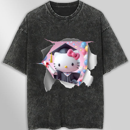 Hello kitty tee shirt - Hello kitty graduation cute funny graphic tees - Unisex wide sleeve style Dark Gray