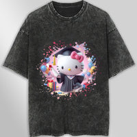 Hello kitty tee shirt - Hello kitty graduation cute graphic tees - Unisex wide sleeve style Dark Gray