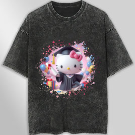 Hello kitty tee shirt - Hello kitty graduation cute graphic tees - Unisex wide sleeve style Dark Gray