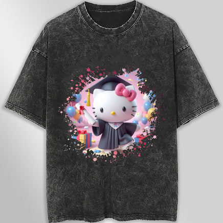 Hello kitty tee shirt - Hello kitty graduation cute graphic tees - Unisex wide sleeve style Dark Gray