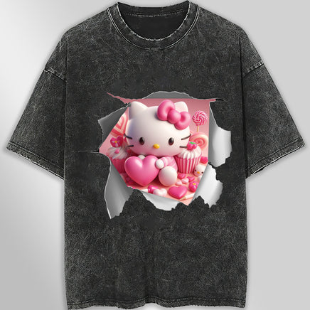 Hello kitty tee shirt - Hello Kitty with a heart funny graphic tees - Unisex wide sleeve style Dark Gray