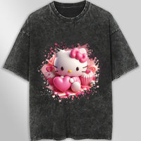 Hello kitty tee shirt - Hello Kitty with heart cute graphic tees - Unisex wide sleeve style Dark Gray