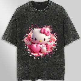 Hello kitty tee shirt - Hello Kitty with heart cute graphic tees - Unisex wide sleeve style Dark Gray