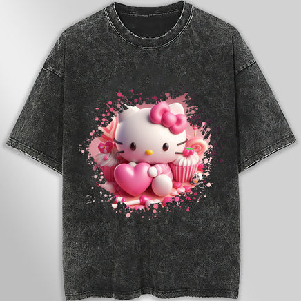Hello kitty tee shirt - Hello Kitty with heart cute graphic tees - Unisex wide sleeve style Dark Gray