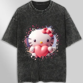 Hello kitty tee shirt - Hello Kitty with heart cute graphic tees - Unisex wide sleeve style Dark Gray