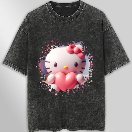 Hello kitty tee shirt - Hello Kitty with heart cute graphic tees - Unisex wide sleeve style Dark Gray