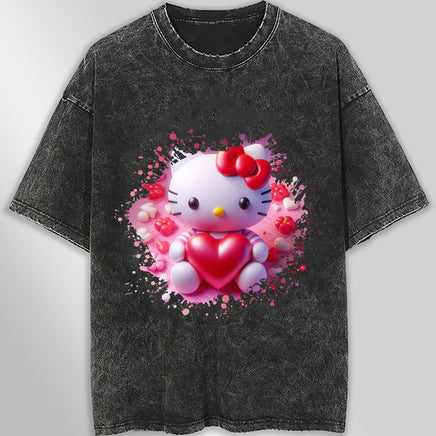 Hello kitty tee shirt - Hello Kitty with heart cute graphic tees - Unisex wide sleeve style Dark Gray