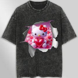 Hello kitty tee shirt - Hello Kitty with heart funny graphic tees - Unisex wide sleeve style Dark Gray