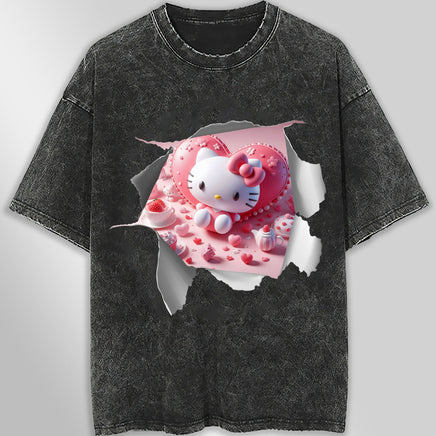 Hello kitty tee shirt - Hello Kitty with heart funny graphic tees - Unisex wide sleeve style Dark Gray