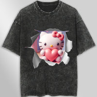 Hello kitty tee shirt - Hello Kitty with heart funny graphic tees - Unisex wide sleeve style Dark Gray