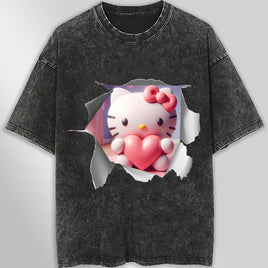 Hello kitty tee shirt - Hello Kitty with heart funny graphic tees - Unisex wide sleeve style Dark Gray
