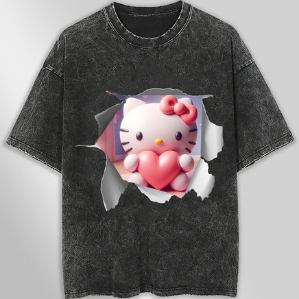Hello kitty tee shirt - Hello Kitty with heart funny graphic tees - Unisex wide sleeve style Dark Gray