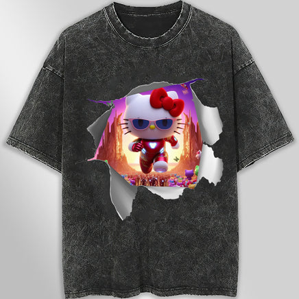 Hello kitty tee shirt - Ironman Hello Kitty funny graphic tees - Unisex wide sleeve style Dark Gray