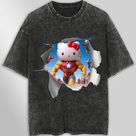Hello kitty tee shirt - Ironman kitty cute funny graphic tees - Unisex wide sleeve style Dark Gray