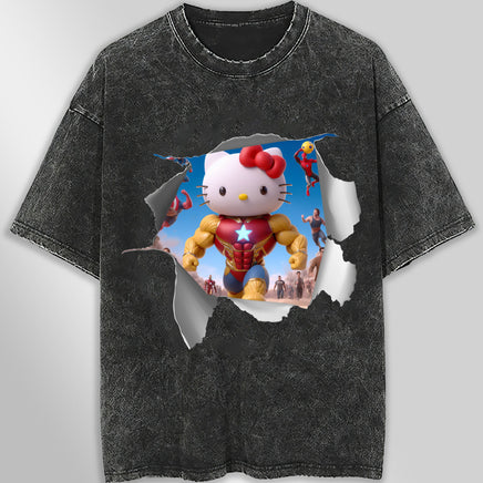 Hello kitty tee shirt - Ironman kitty cute funny graphic tees - Unisex wide sleeve style Dark Gray