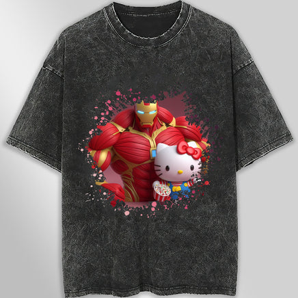 Hello kitty tee shirt - Ironman Kitty cute graphic tees - Unisex wide sleeve style Dark Gray