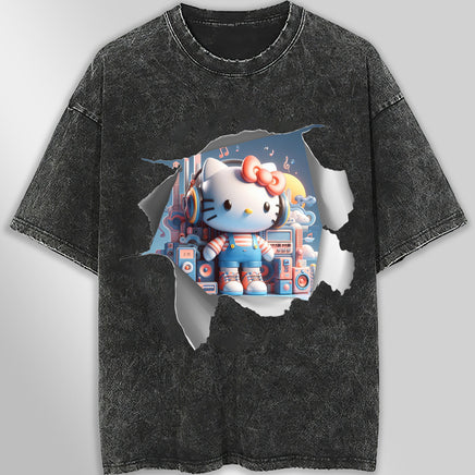 Hello kitty tee shirt - Music funny graphic tees - Unisex wide sleeve style Dark Gray