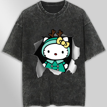 Hello kitty tee shirt - Reindeer hello kitty cute funny graphic tees - Unisex wide sleeve style Dark Gray