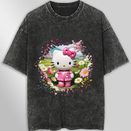Hello kitty tee shirt - Spring cute funny graphic tees - Unisex wide sleeve style Dark Gray