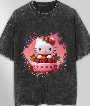 Hello kitty tee shirt - Strawberry Hello Kitty cute funny graphic tees - Unisex wide sleeve style - Lusy Store LLC