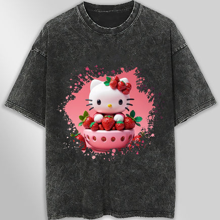 Hello kitty tee shirt - Strawberry Hello Kitty cute funny graphic tees - Unisex wide sleeve style - Lusy Store LLC