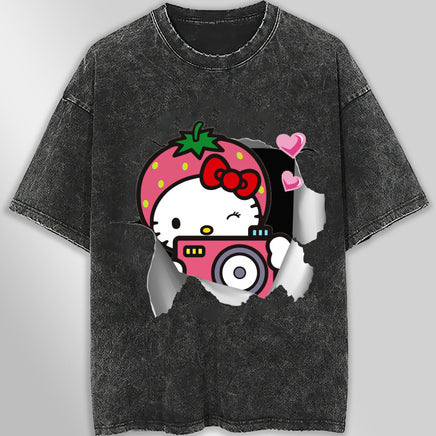 Hello kitty tee shirt - Strawberry hello kitty cute funny graphic tees - Unisex wide sleeve style Dark Gray