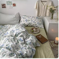 Korean Style Retro Small Floral 4-Piece Cotton Bedding Set GreenFragmented Flowers
