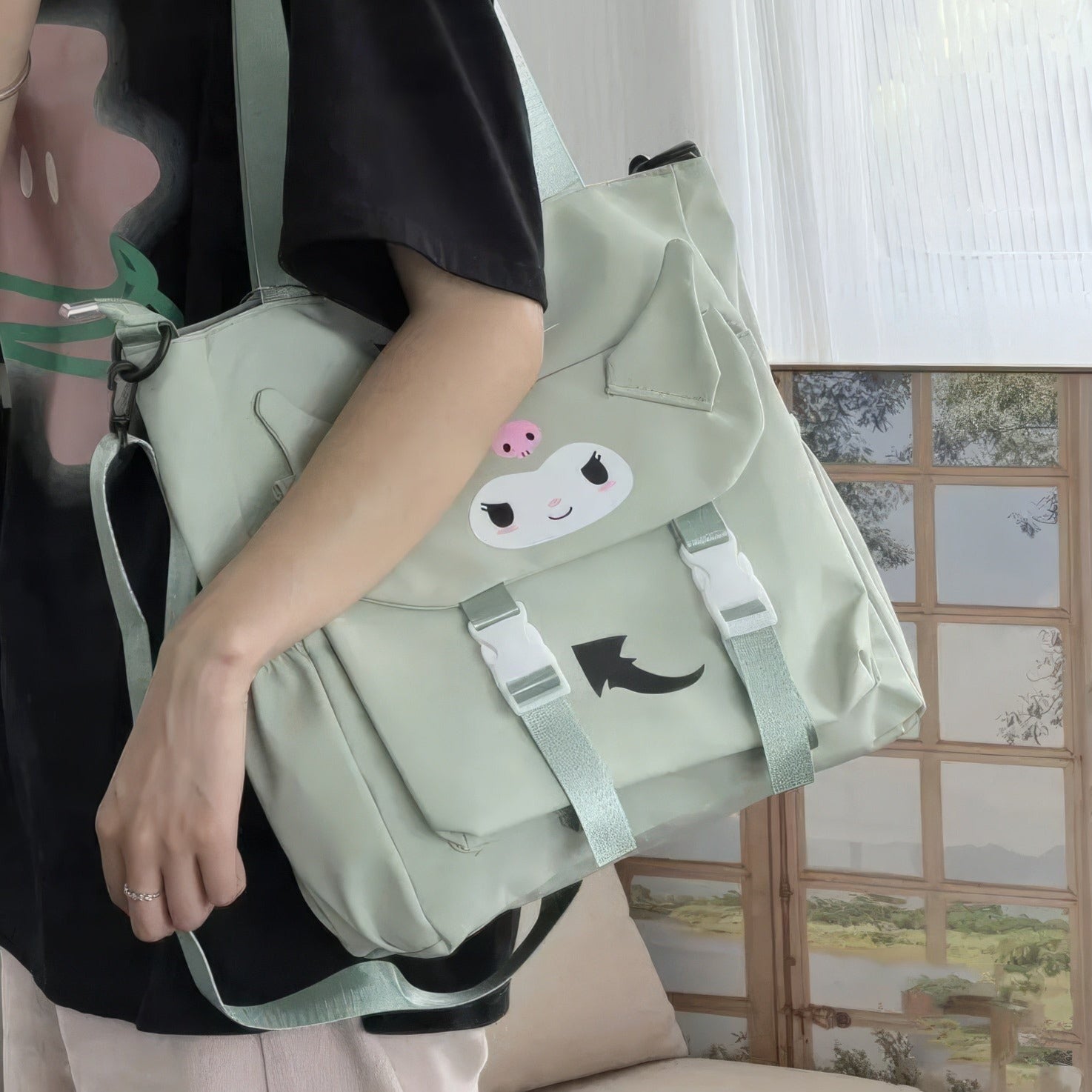 Kuromi Backpack Cute Shoulder Crossbody Canvas Tote Bag High School and College - Lusy Store LLC
