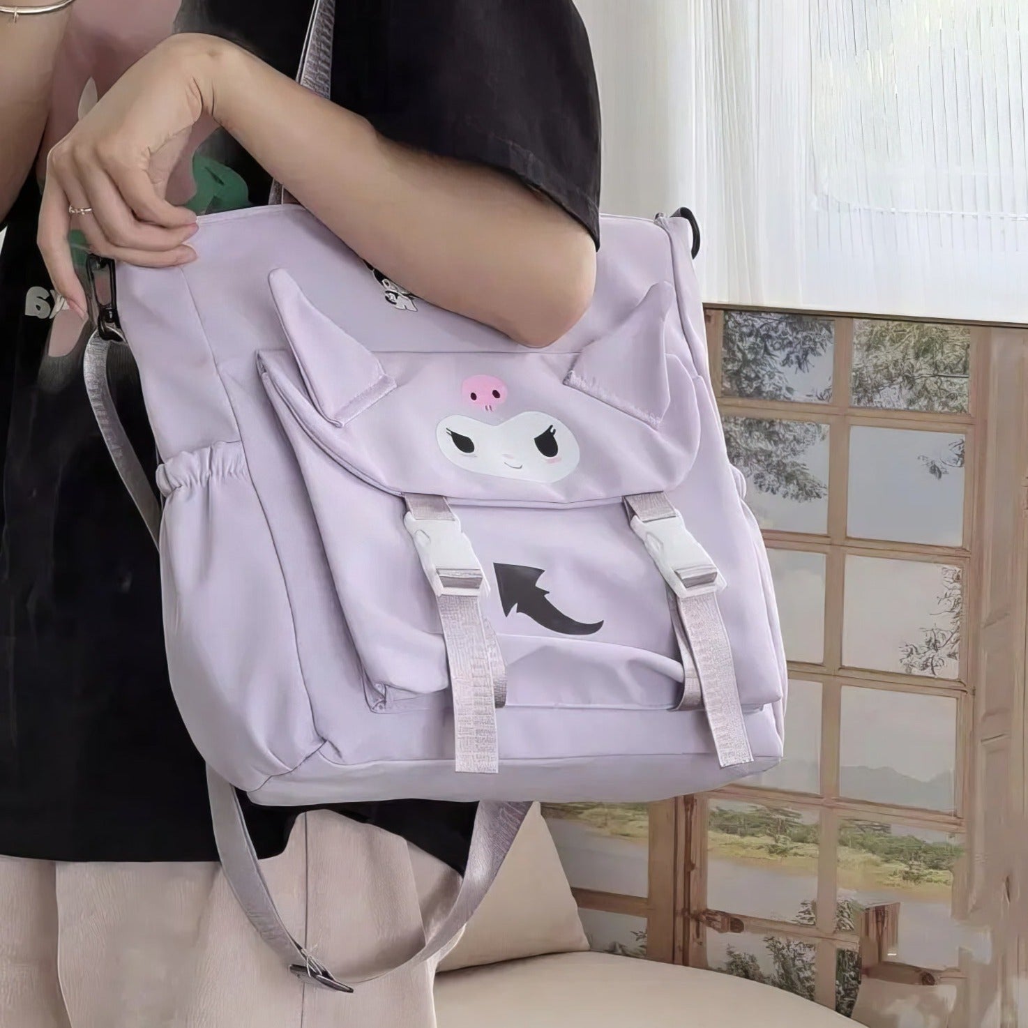 Kuromi Backpack Cute Shoulder Crossbody Canvas Tote Bag High School and College - Lusy Store LLC