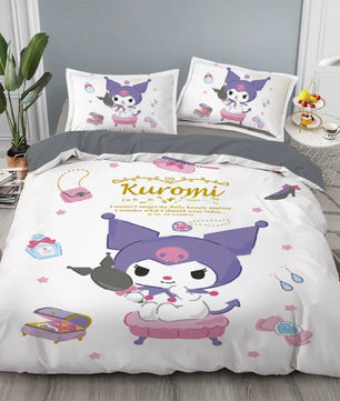 Kuromi Bedding Set Kids Cartoon Cute Duvet Cover Bed Set Gift Decoration - Lusy Store LLC