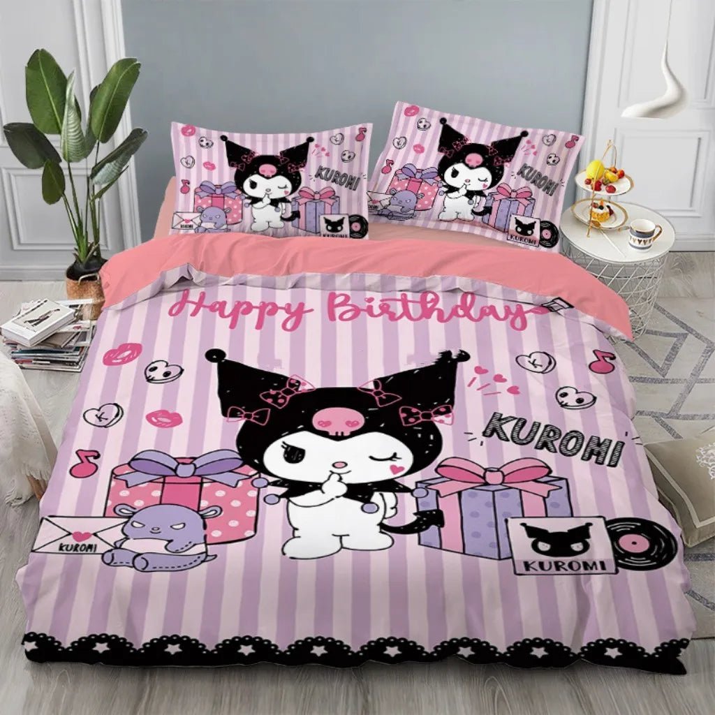 Kuromi Bedding Set Kids Cartoon Cute Duvet Cover Bed Set Gift Decoration - Lusy Store LLC