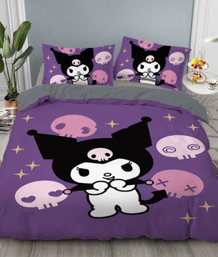 Kuromi Bedding Set Kids Cartoon Cute Duvet Cover Bed Set Gift Decoration - Lusy Store LLC