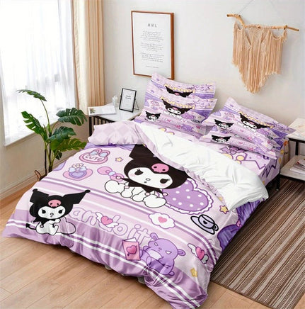 Kuromi Duvet Cover and Pillowcase Twill Weave Polyester Camping Bedding Machine Washable Purple
