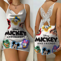 Lace Dress Pajama Skirt Fashion Minnie Mouse Mickey Bowknot Satin Surface Womens Party 3