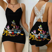 Lace Dress Pajama Skirt Fashion Minnie Mouse Mickey Bowknot Satin Surface Womens Party 5