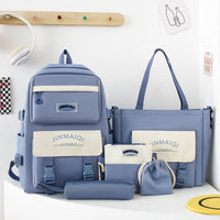 Large Capacity Five-piece Women's Schoolbag Backpack Blue No pendant