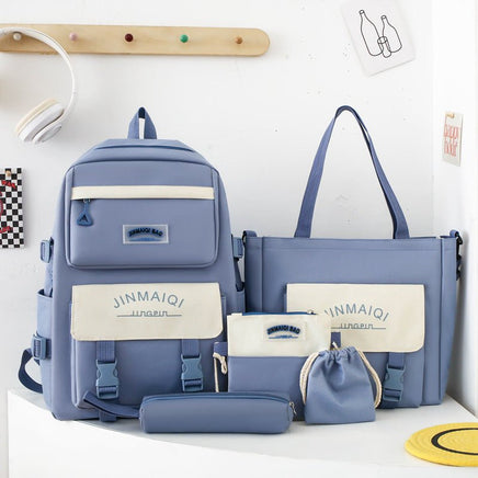 Large Capacity Five-piece Women's Schoolbag Backpack Blue No pendant