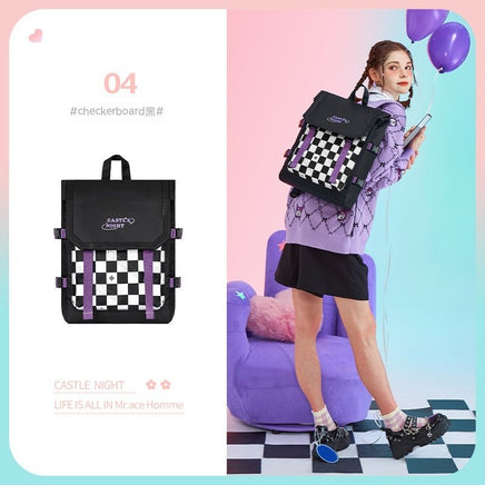 Large Capacity Flip Girl's School Backpack Black And White Checkerboard Bag