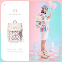 Large Capacity Flip Girl's School Backpack Chessboard Plaid Black Bag and Change purse