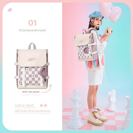 Large Capacity Flip Girl's School Backpack Chessboard Plaid Black Bag and Change purse