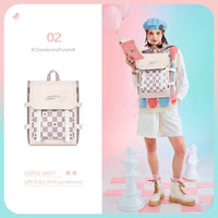 Large Capacity Flip Girl's School Backpack Chessboard Plaid Black Bag