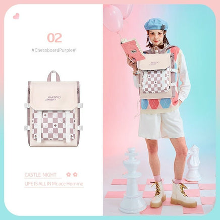 Large Capacity Flip Girl's School Backpack Chessboard Plaid Black Bag